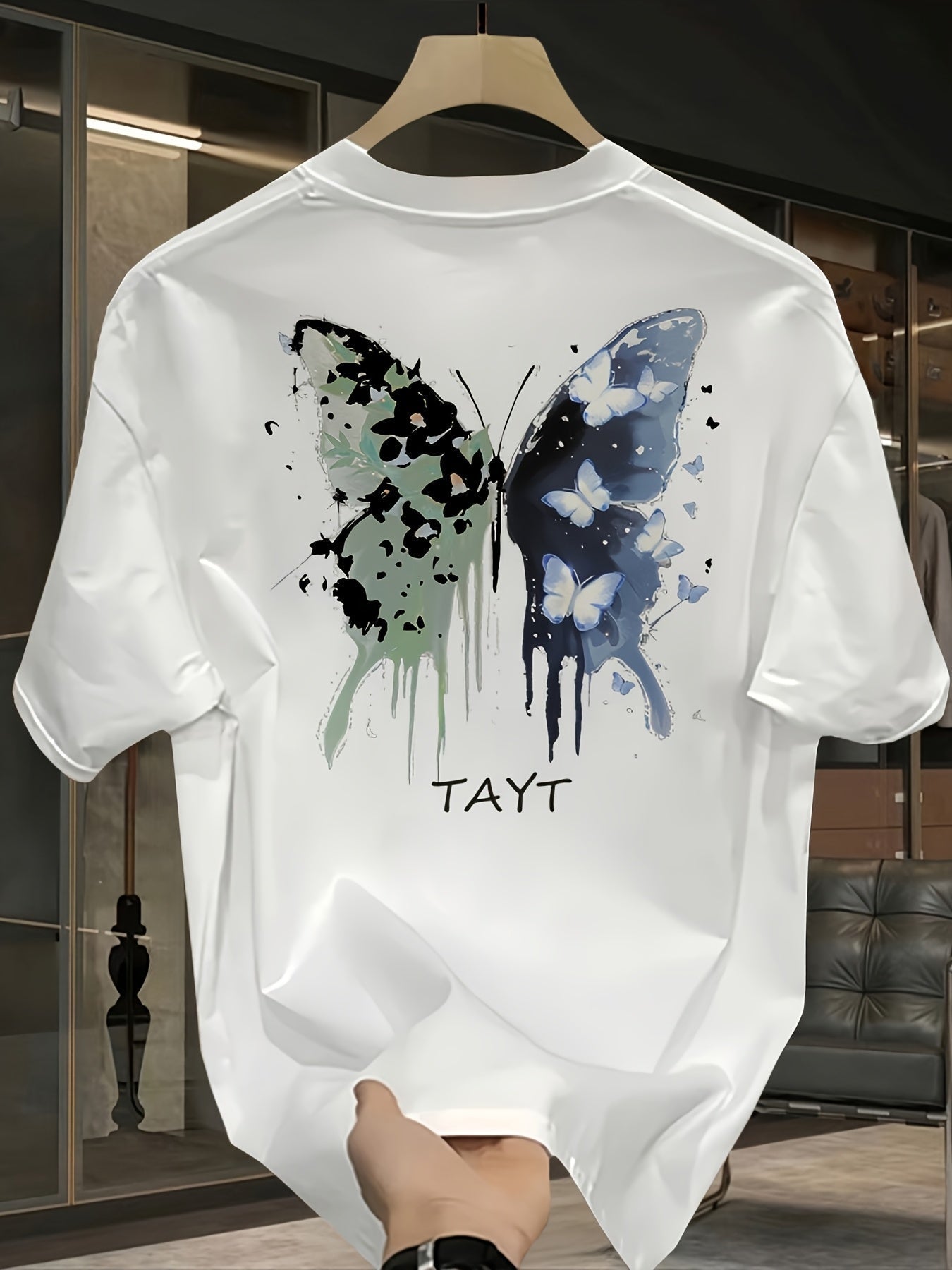 Men’s Black Cotton Graphic T-Shirt – White Butterfly & Paint Splatter
