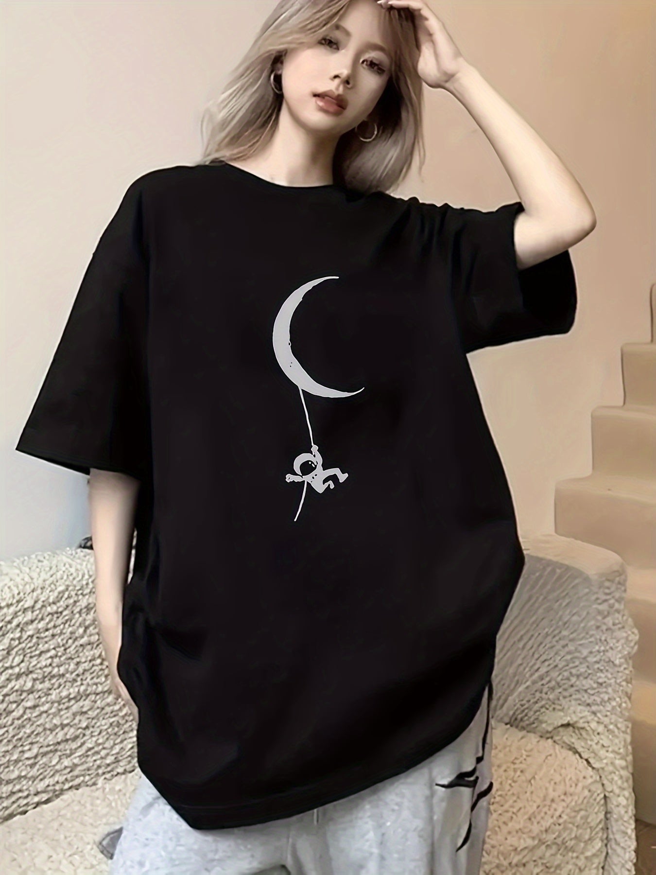 Women's Casual Polyester Crescent Moon & Figure Print T-Shirt – Black Relaxed Fit Tee