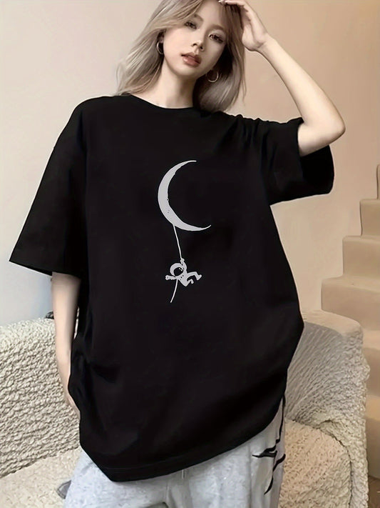 Women's Casual Polyester Crescent Moon & Figure Print T-Shirt – Black Relaxed Fit Tee