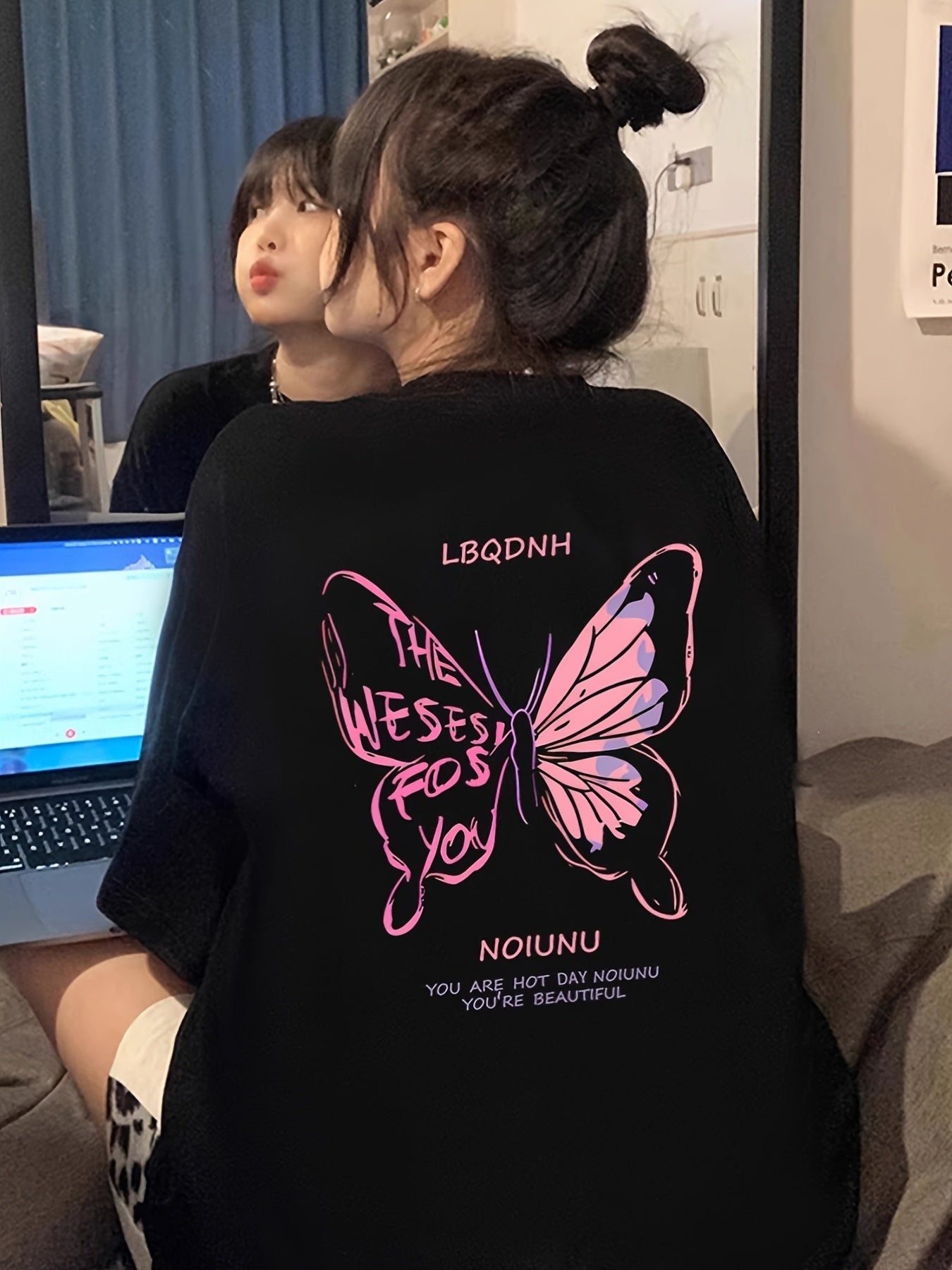 Women's Oversized 220gsm Cotton T-Shirt – Pink & Purple Butterfly Graphic