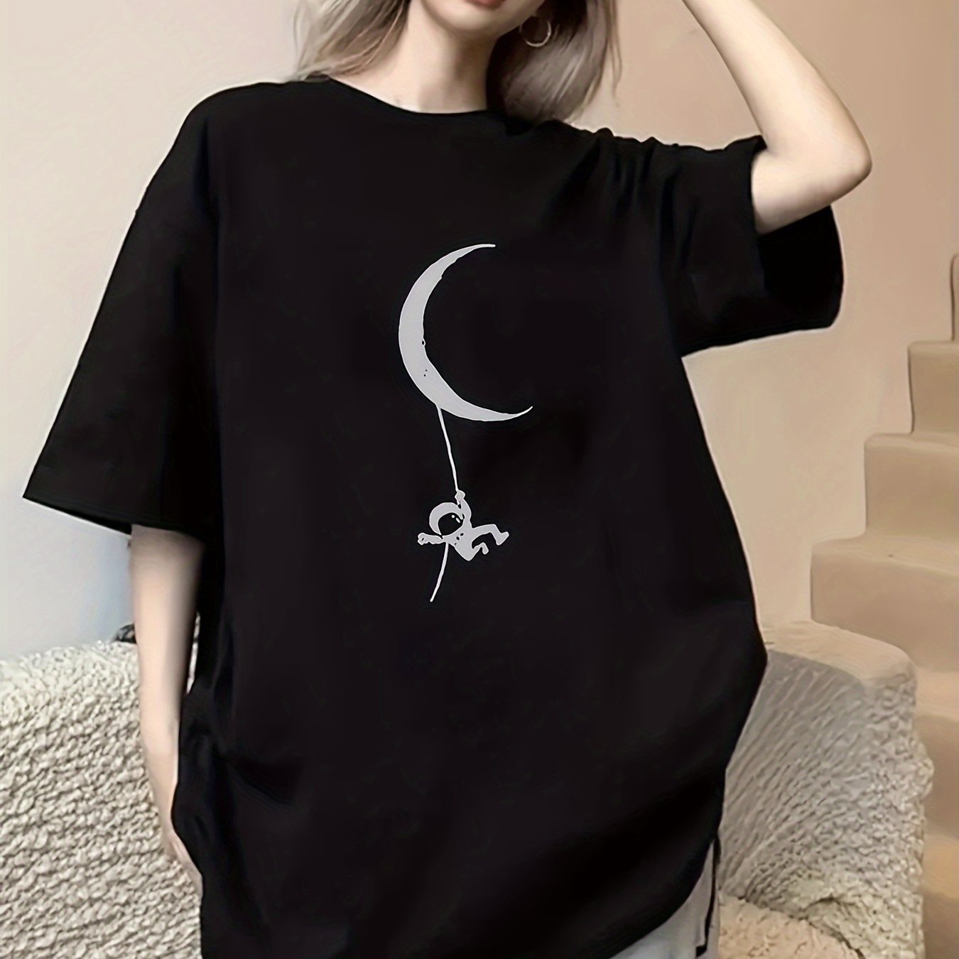 Women's Casual Polyester Crescent Moon & Figure Print T-Shirt – Black Relaxed Fit Tee