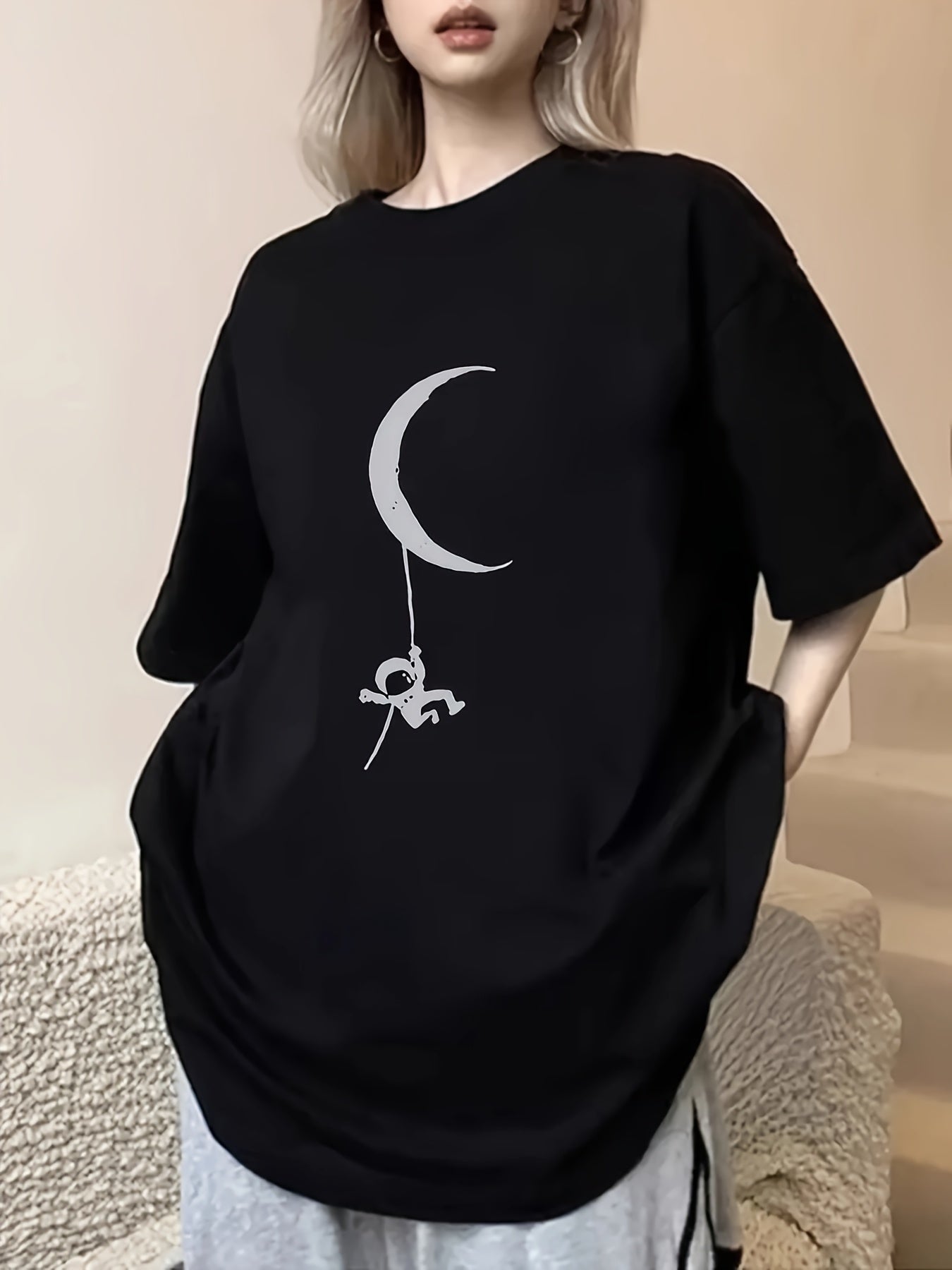 Women's Casual Polyester Crescent Moon & Figure Print T-Shirt – Black Relaxed Fit Tee