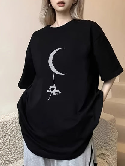 Women's Casual Polyester Crescent Moon & Figure Print T-Shirt – Black Relaxed Fit Tee