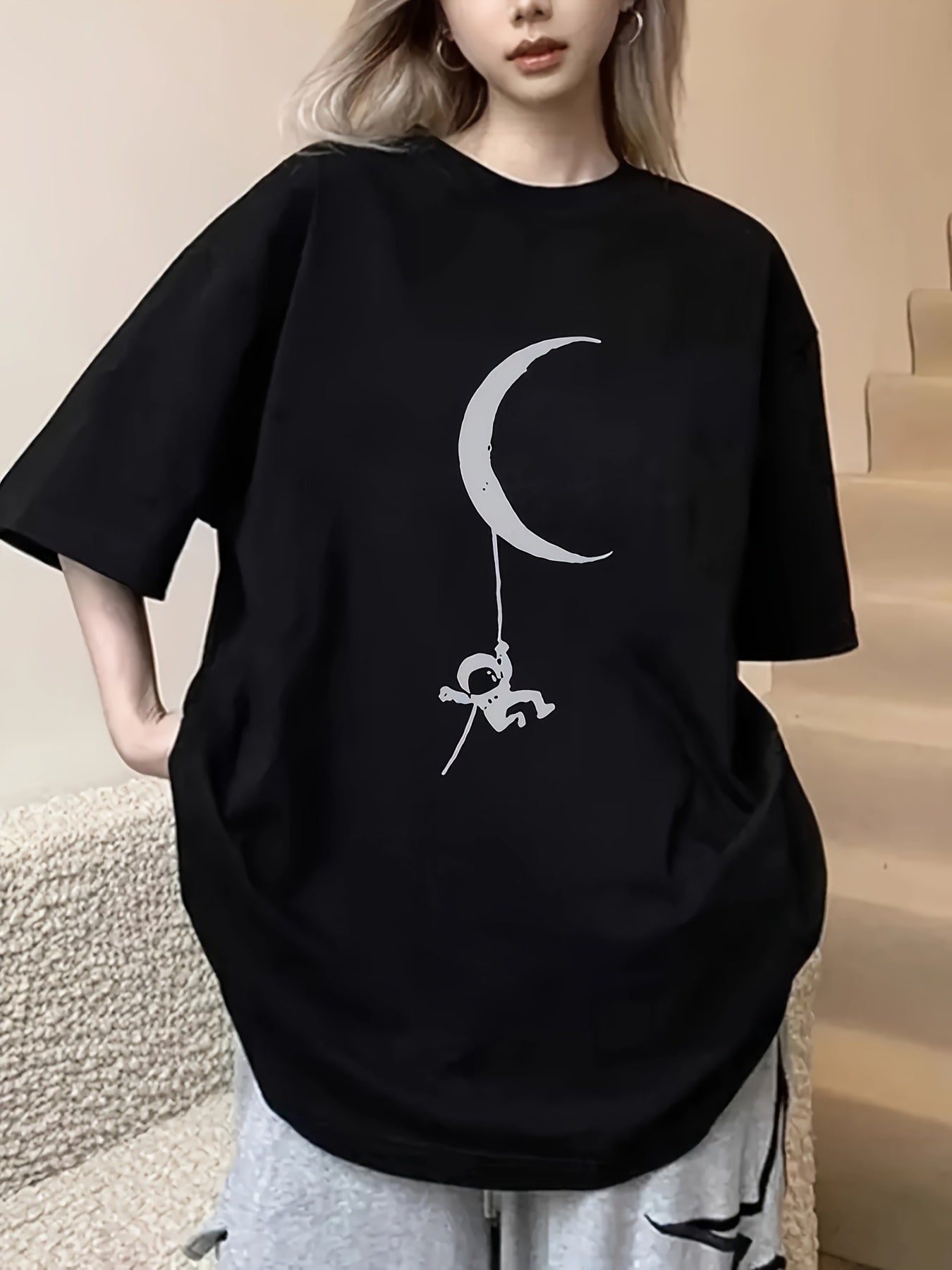 Women's Casual Polyester Crescent Moon & Figure Print T-Shirt – Black Relaxed Fit Tee