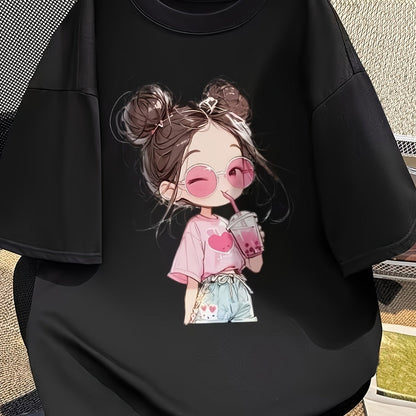 Women's 100% Cotton Cartoon Print Tee – Pink Drink & Heart Design