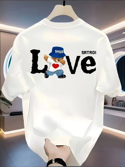 Men's Heavyweight 100% Cotton T-Shirt - Black Retro Streetwear Tee with LOVE Graphic