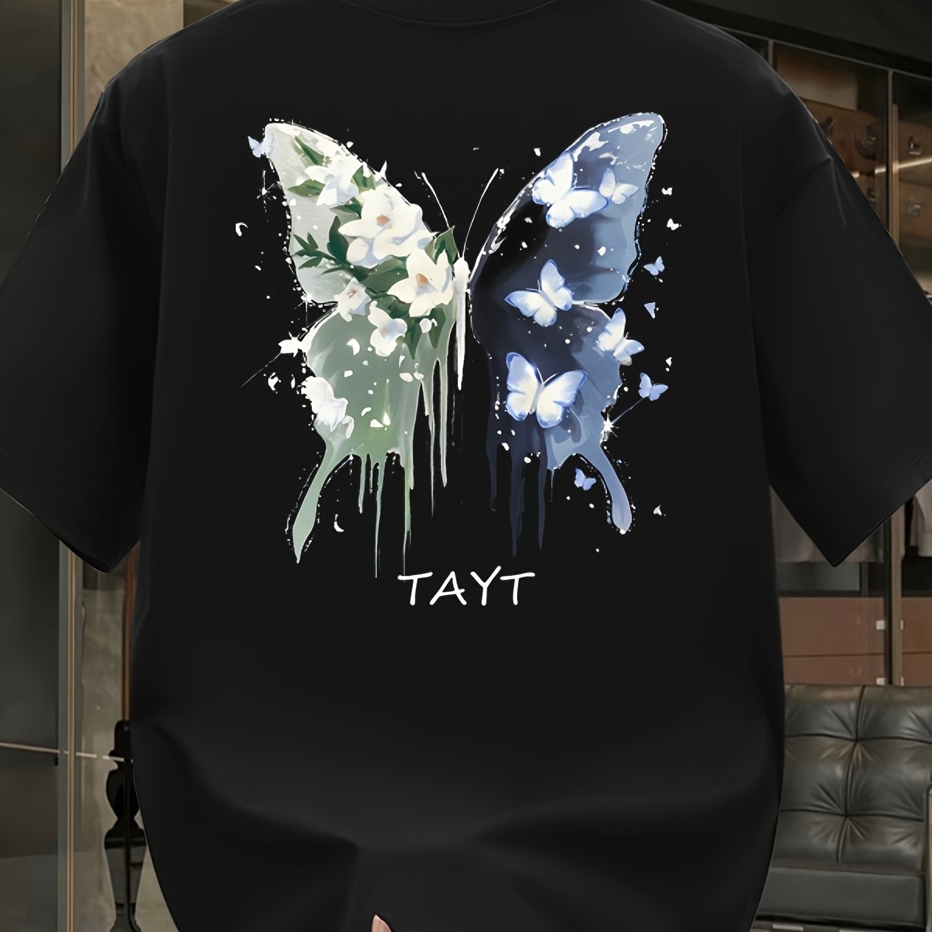 Men’s Black Cotton Graphic T-Shirt – White Butterfly & Paint Splatter