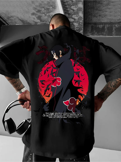 Men’s Anime Graphic T-Shirt – Black & Red Design, Summer Casual