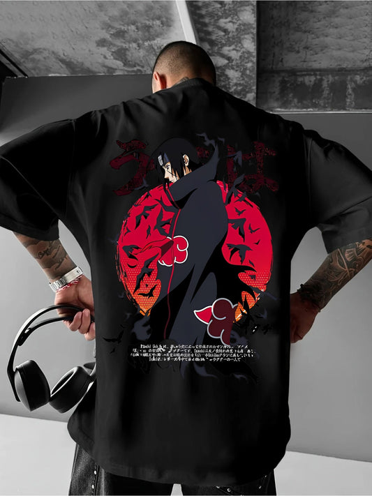 Men’s Anime Graphic T-Shirt – Black & Red Design, Summer Casual