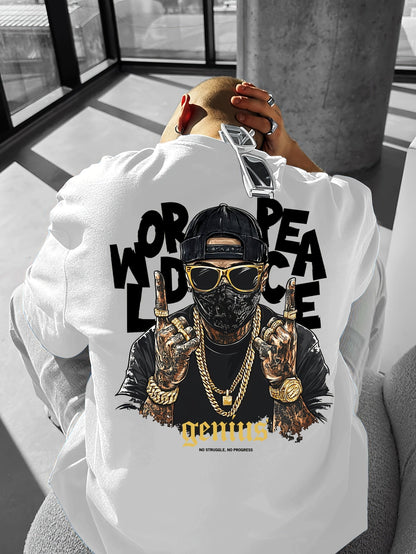 Men's Streetwear T-Shirt – World Peace Sign Graphic, Loose Fit