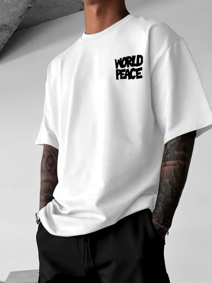 Men's Streetwear T-Shirt – World Peace Sign Graphic, Loose Fit
