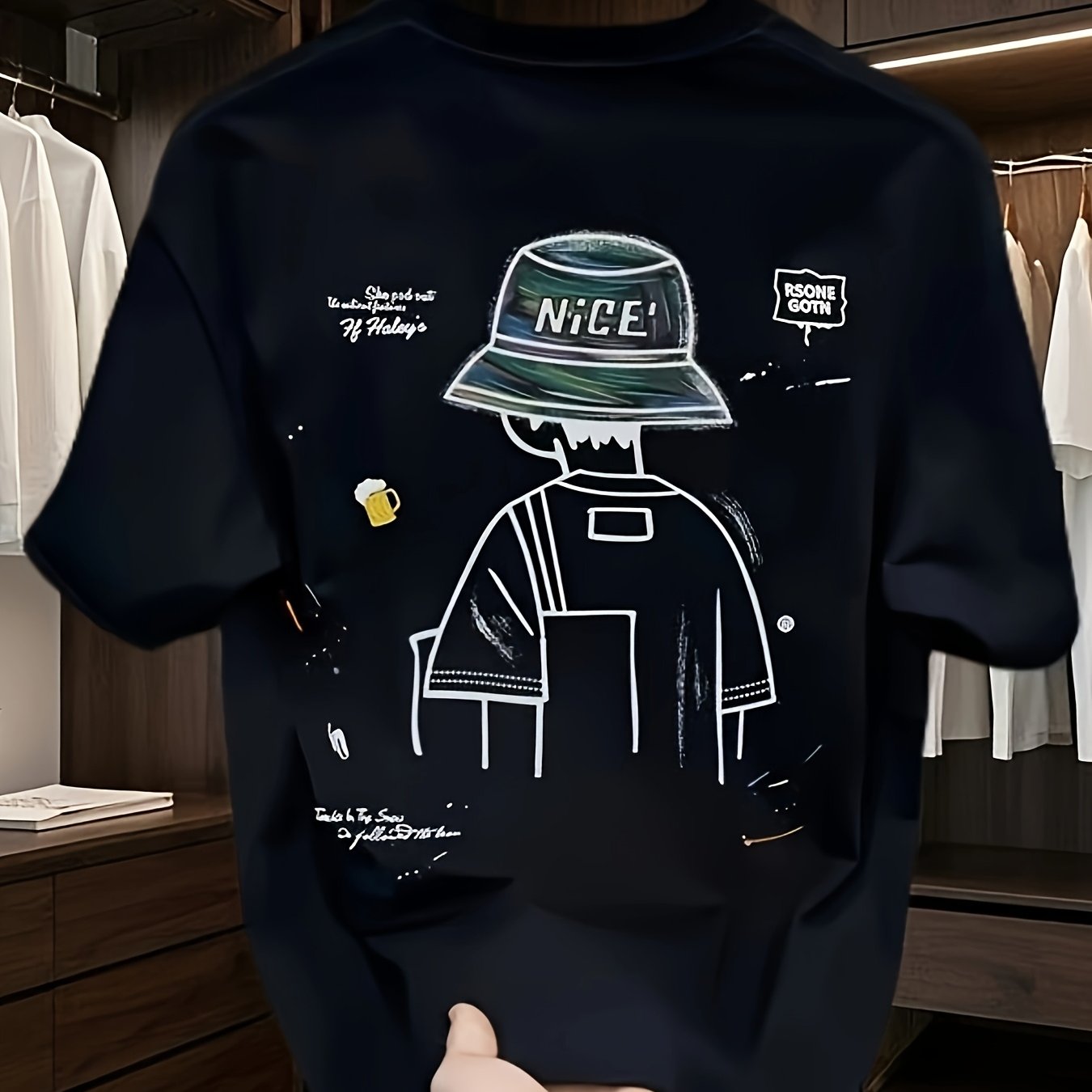 Men's Oversized Cartoon T-Shirt – "NICE" Hat Graphic, Streetwear Style
