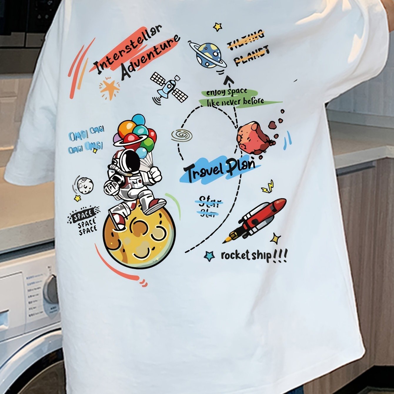 Space Cartoon T-Shirt – Cotton, Loose Fit, Casual Teen Style