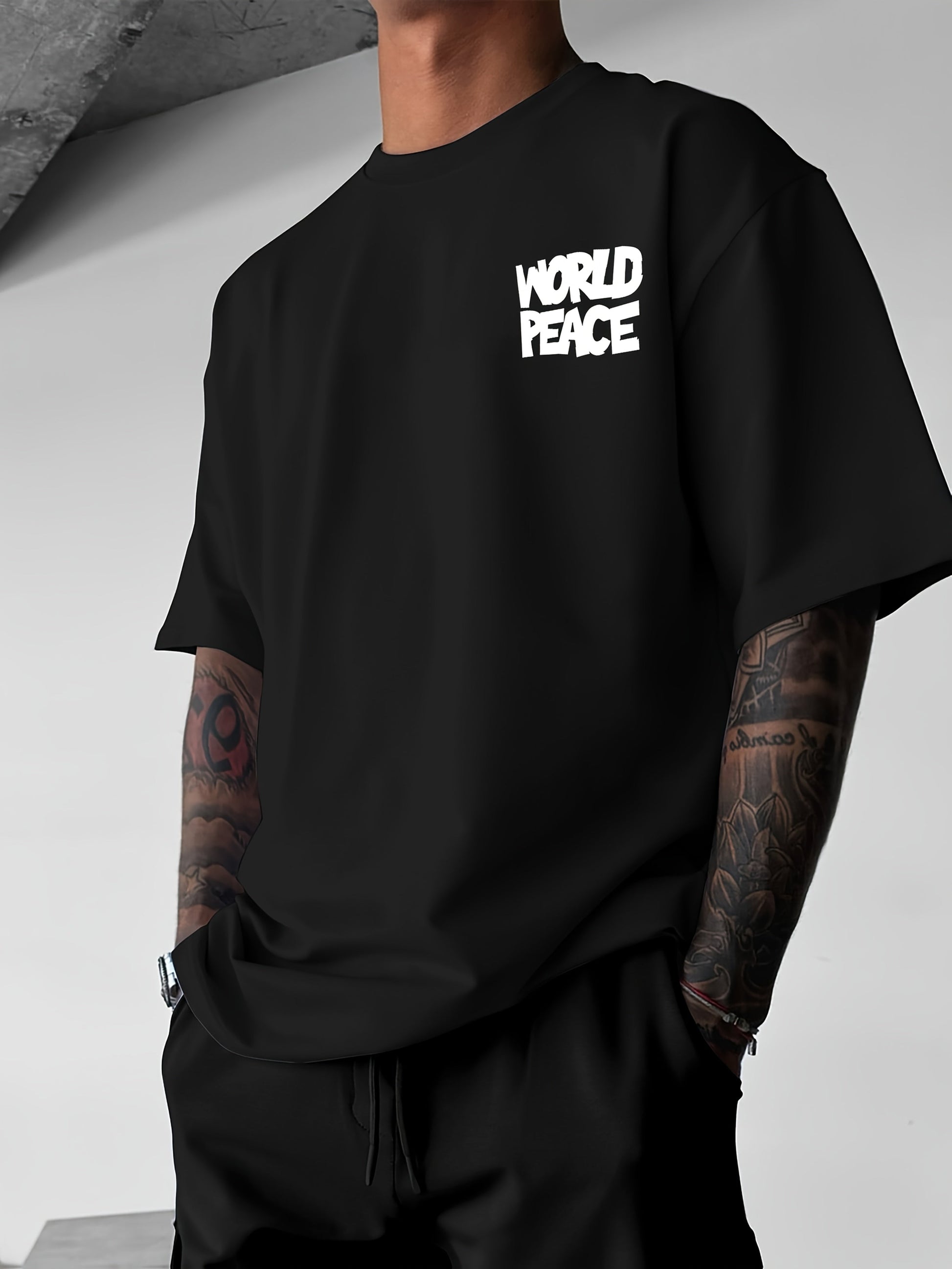 Men's Streetwear T-Shirt – World Peace Sign Graphic, Loose Fit