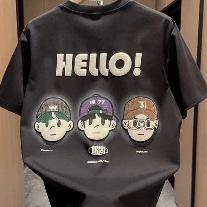 Men’s Summer Tee – "HELLO!" Cartoon Print, Breathable Cotton Fit