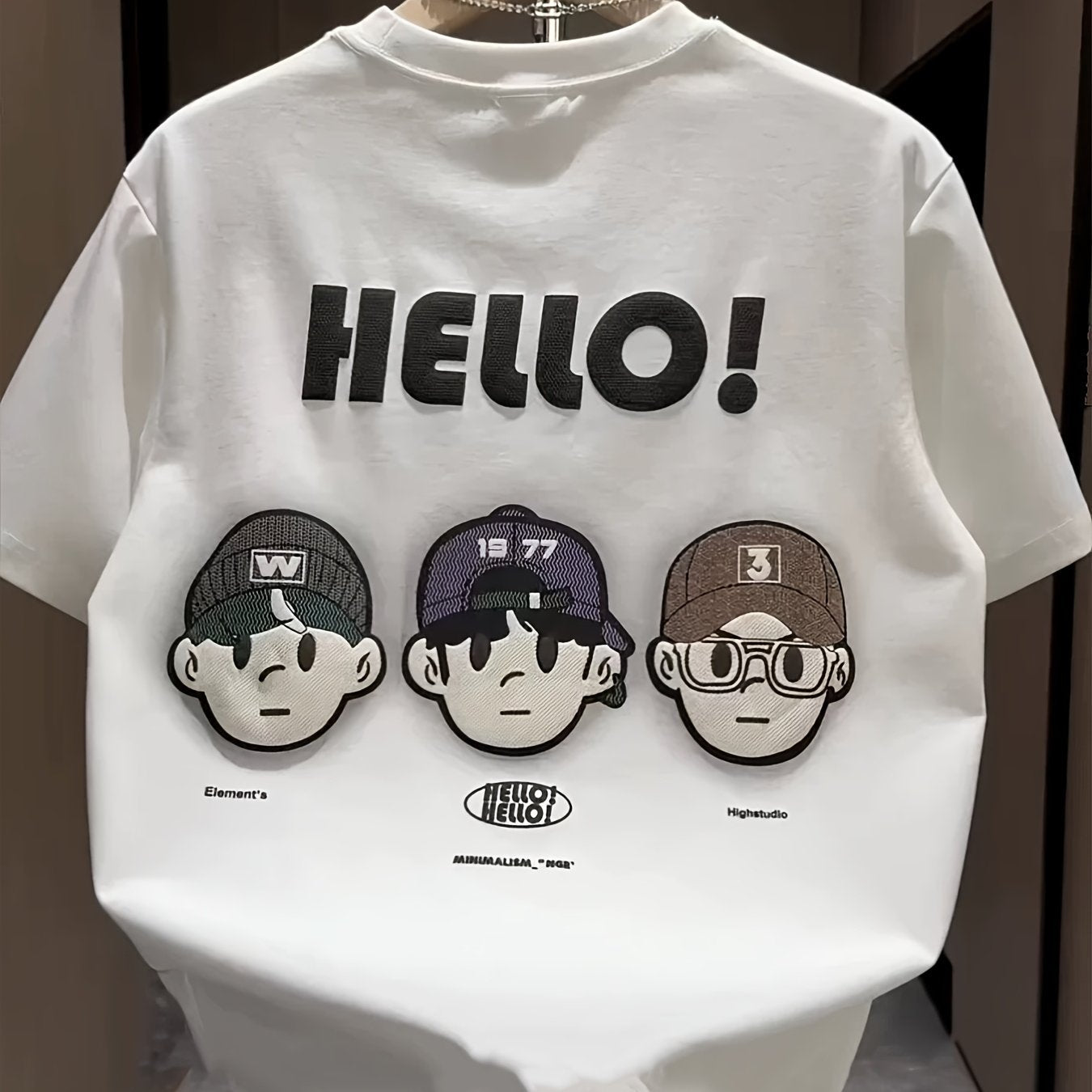 Men’s Summer Tee – "HELLO!" Cartoon Print, Breathable Cotton Fit