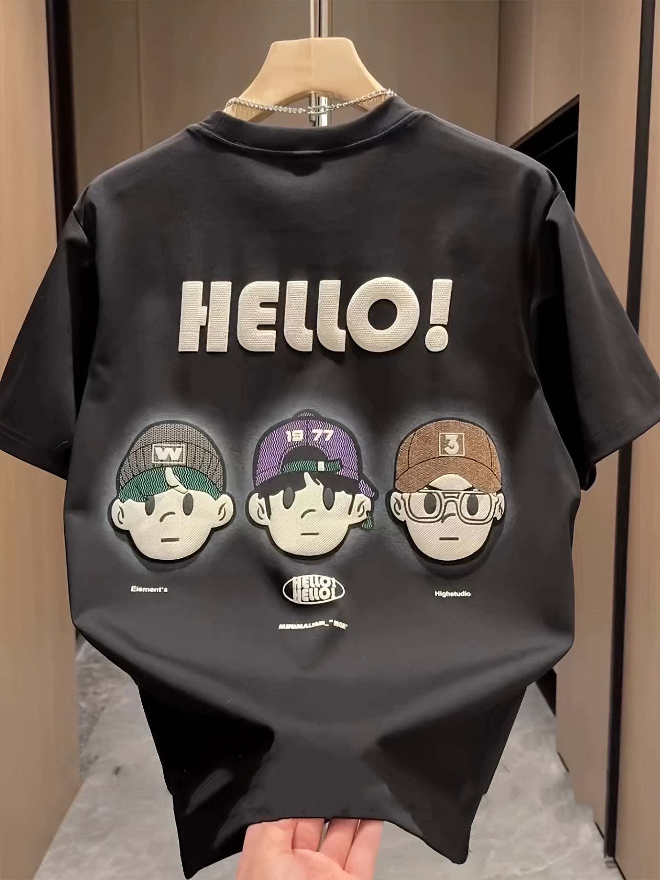 Men’s Summer Tee – "HELLO!" Cartoon Print, Breathable Cotton Fit