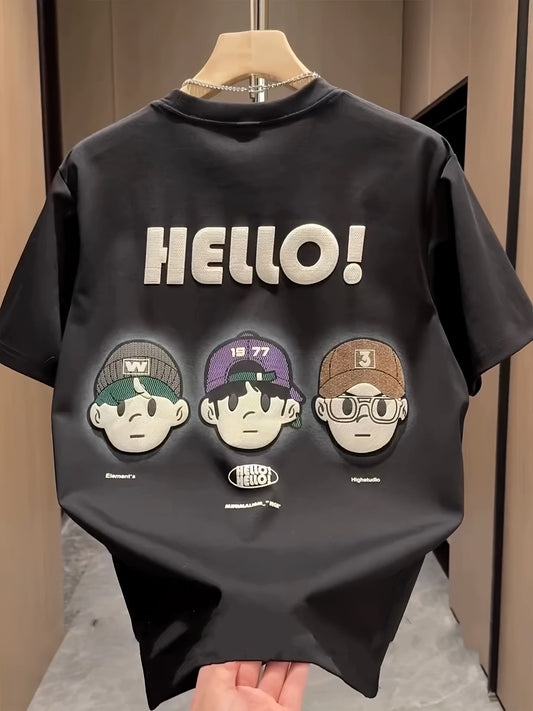 Men’s Summer Tee – "HELLO!" Cartoon Print, Breathable Cotton Fit