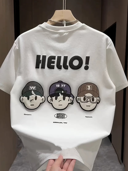 Men’s Summer Tee – "HELLO!" Cartoon Print, Breathable Cotton Fit