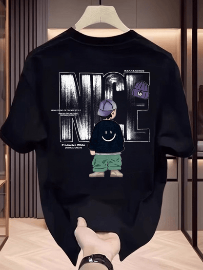 Men's Black Graphic T-Shirt – "NICE" Back Print, Streetwear Style